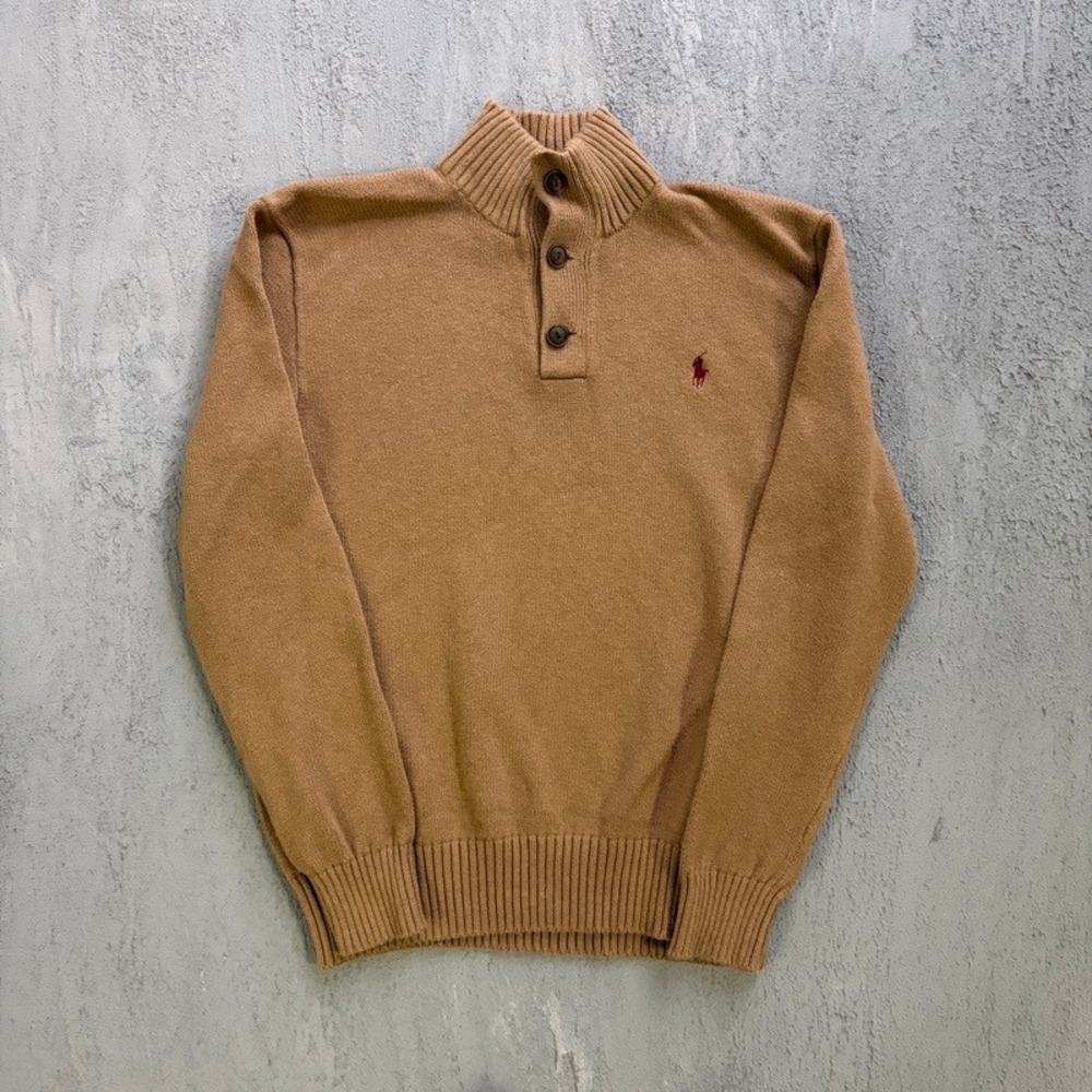 Polo Ralph Lauren Sweater Medium Tan Mock Neck Button Pullover